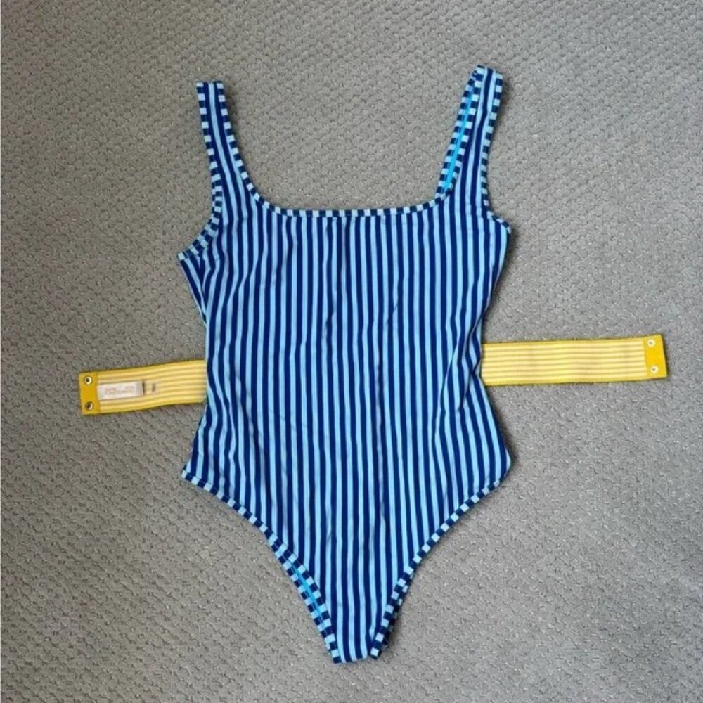 Diane Von Furstenberg Belted One Piece Swimsuit Blue Stripe Yellow Belt Size M - Picture 7 of 11